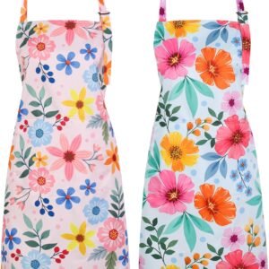 2 Pack Floral Apron for Women with Pockets, Adjustable Kitchen Chef Apron for Cooking, Baking, Gardening, Crafting