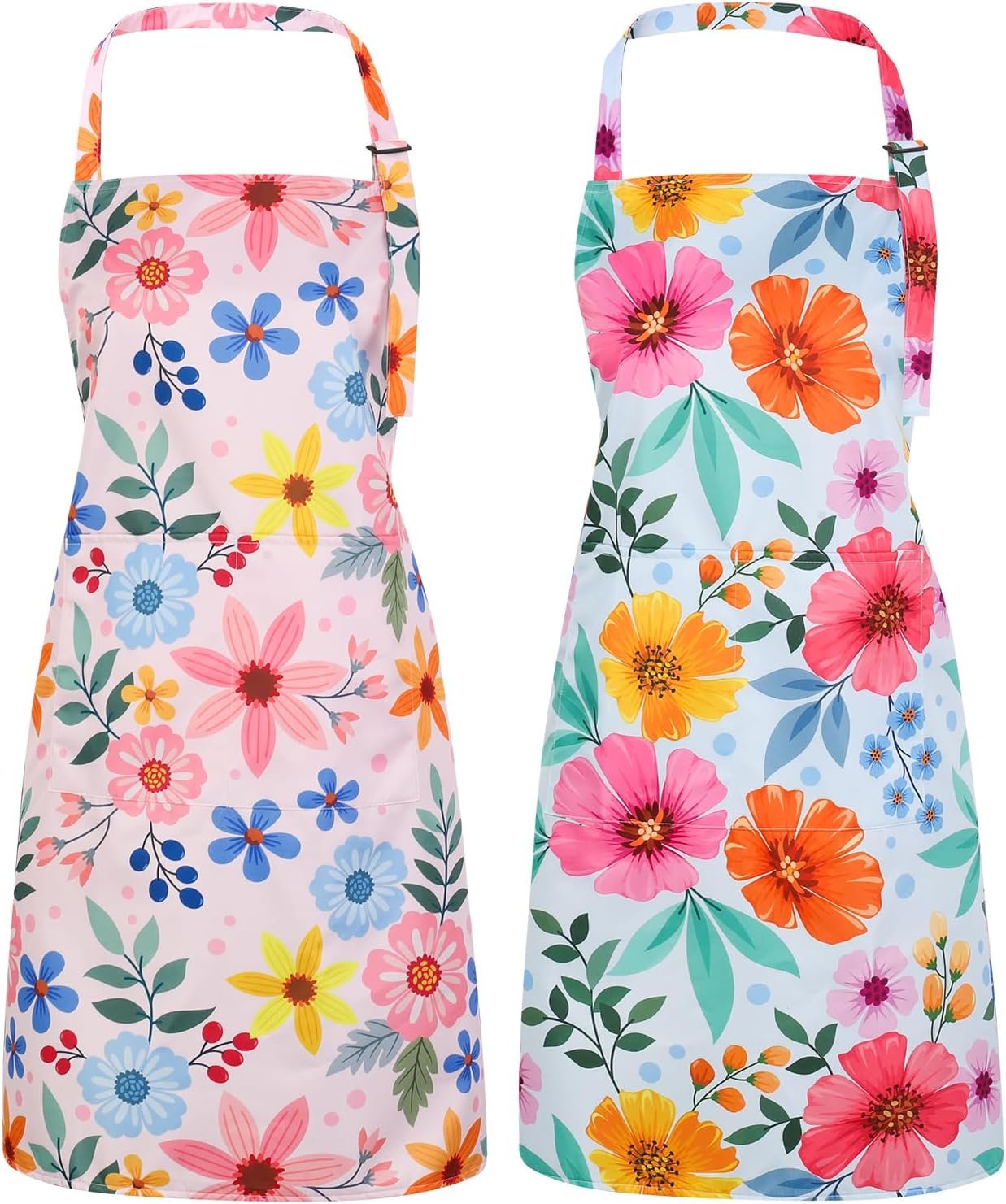 2 Pack Floral Apron for Women with Pockets, Adjustable Kitchen Chef Apron for Cooking, Baking, Gardening, Crafting