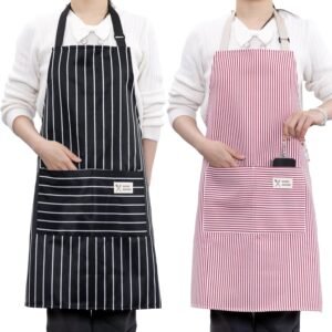 2 Pack Striped Kitchen Aprons for Cooking with Pockets - Adjustable Bib Aprons for Men & Women - Durable and Machine Washable Fabric (Pink/Black)