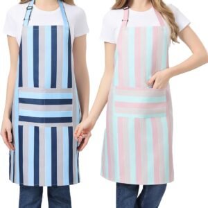 2-piece kitchen aprons, adjustable neck strap waterproof aprons with pocket design, blue and pink striped chef aprons suitable for grilling, baking, and restaurant work