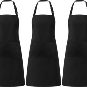 3 Pack Black Aprons for Women with Pockets, Adjustable Water Resistant Cooking Apron Unisex Bib for Chef Men and Women