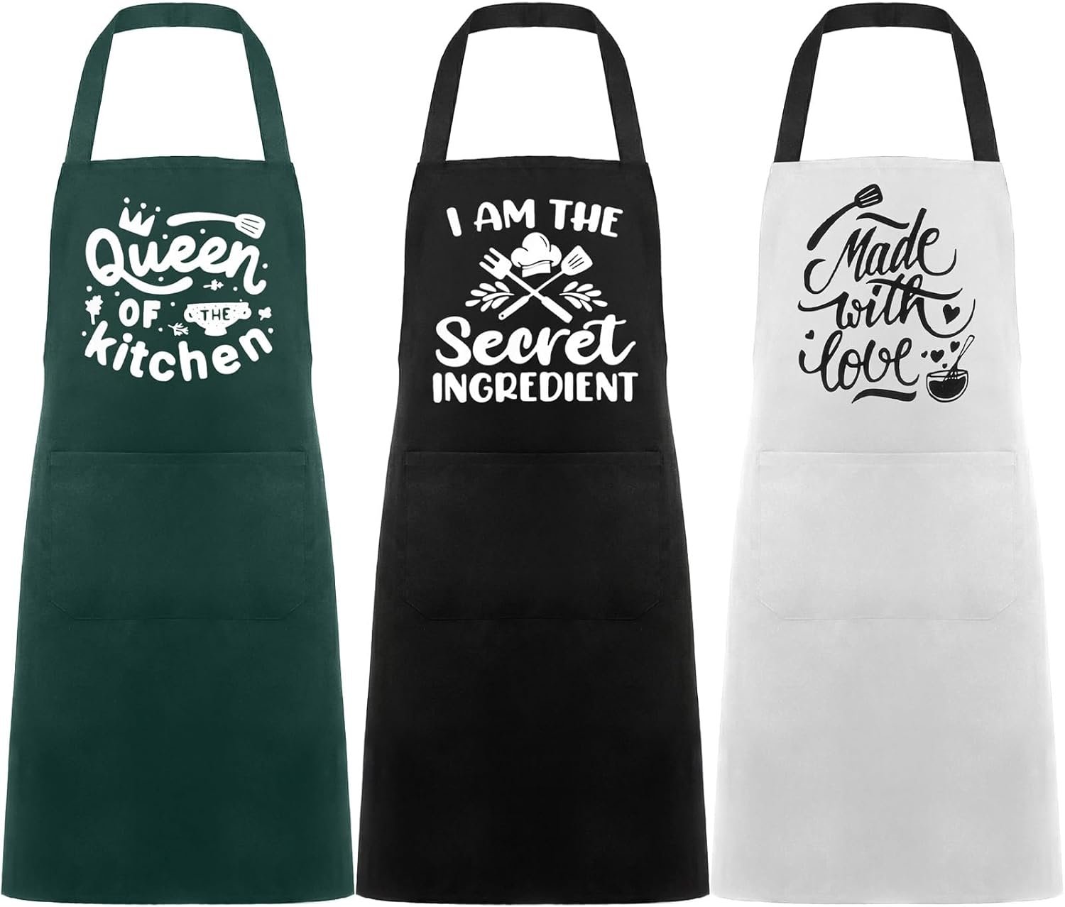 3 Pack Funny Aprons For Women With Pockets, Cute Kitchen Aprons For Women, Oil-Proof Adjustable Cooking Apron For Home Chef BBQ Baking Thanksgiving Birthday Gift (Green, Black, White)