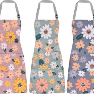 3 Pack ‌Floral Apron‌ for Women with Pockets, Adjustable ‌Aprons for Women‌ for Kitchen Cooking, Gardening & Salon, ‌Delantales De Cocina Para Mujer‌ with Waterproof Design