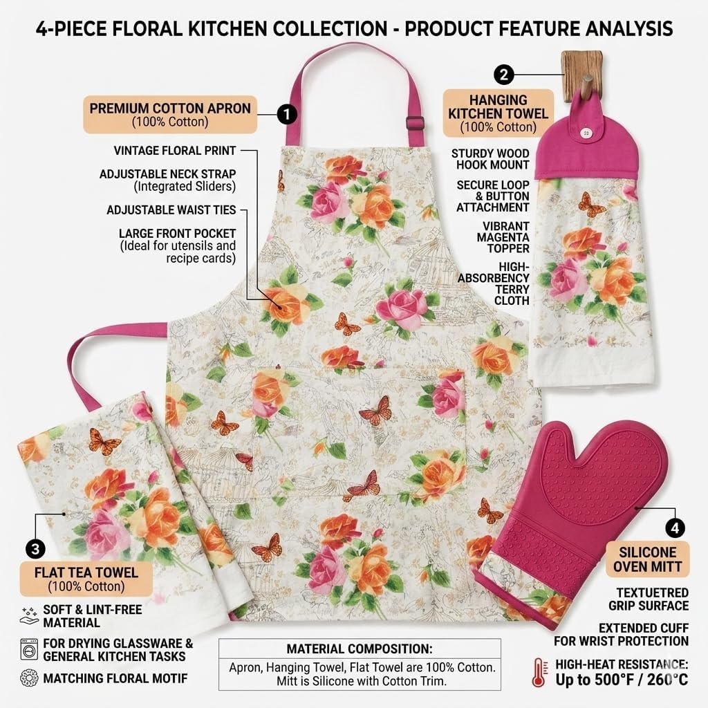 4-Piece Kitchen Apron Set with Oven Mitt & Dish Towel, Cooking Apron for Women,Housewarming Gift Set - Image 2