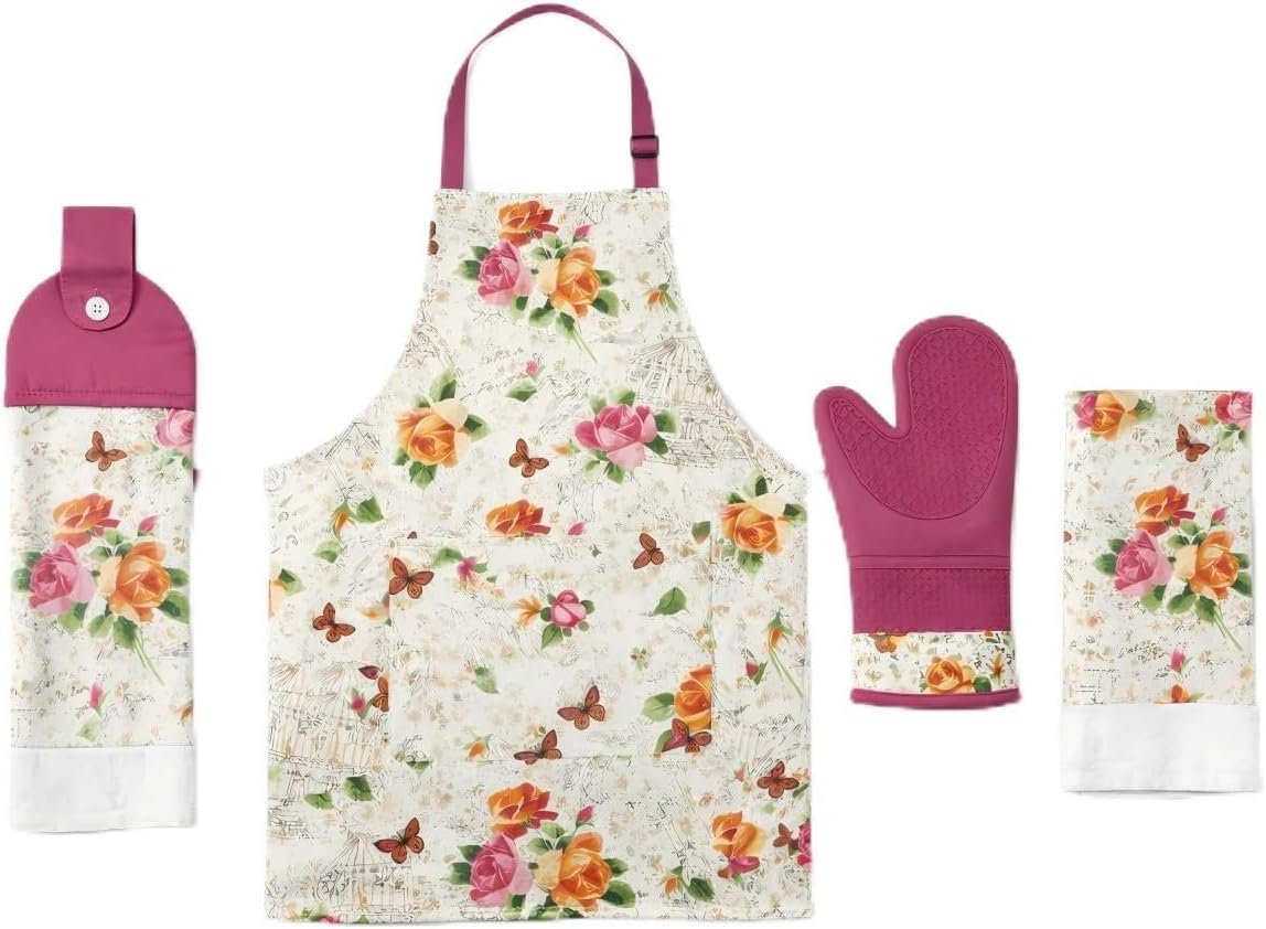 4-Piece Kitchen Apron Set with Oven Mitt & Dish Towel, Cooking Apron for Women,Housewarming Gift Set