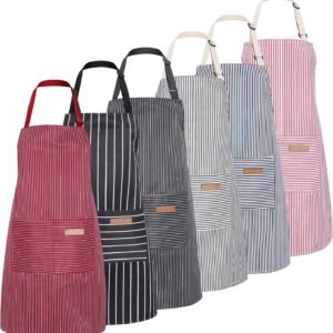 6 Pcs Waterproof kitchen apron Set With 2 Pockets Adjustable Bib Aprons For Cooking Baking BBQ Cleaning, Stripes