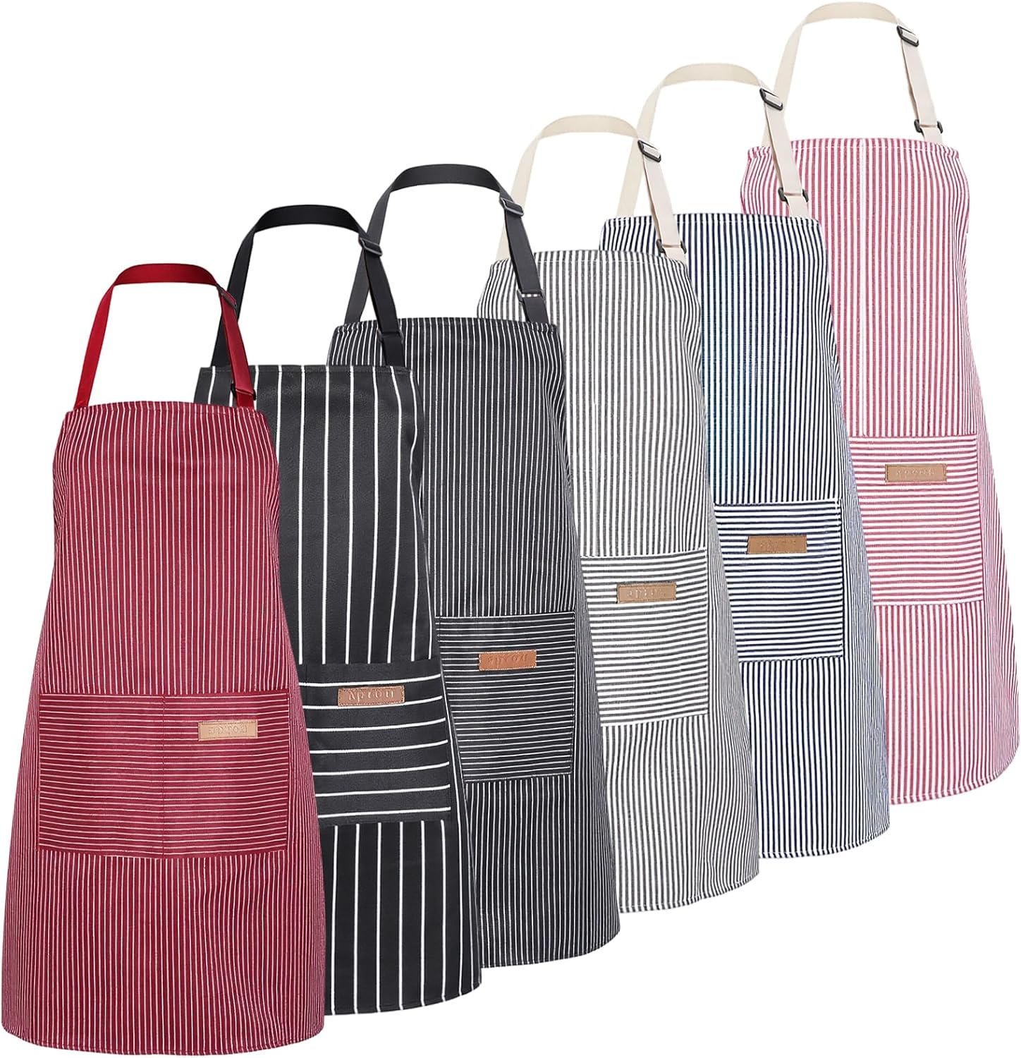 6 Pcs Waterproof kitchen apron Set With 2 Pockets Adjustable Bib Aprons For Cooking Baking BBQ Cleaning, Stripes