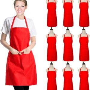 9 Pack Bib Christmas Red Apron for Women Girls Ladies with Pockets - Kitchen Aprons Bulk for Cooking Painting BBQ Grilling Baking (9 Pack, Red)