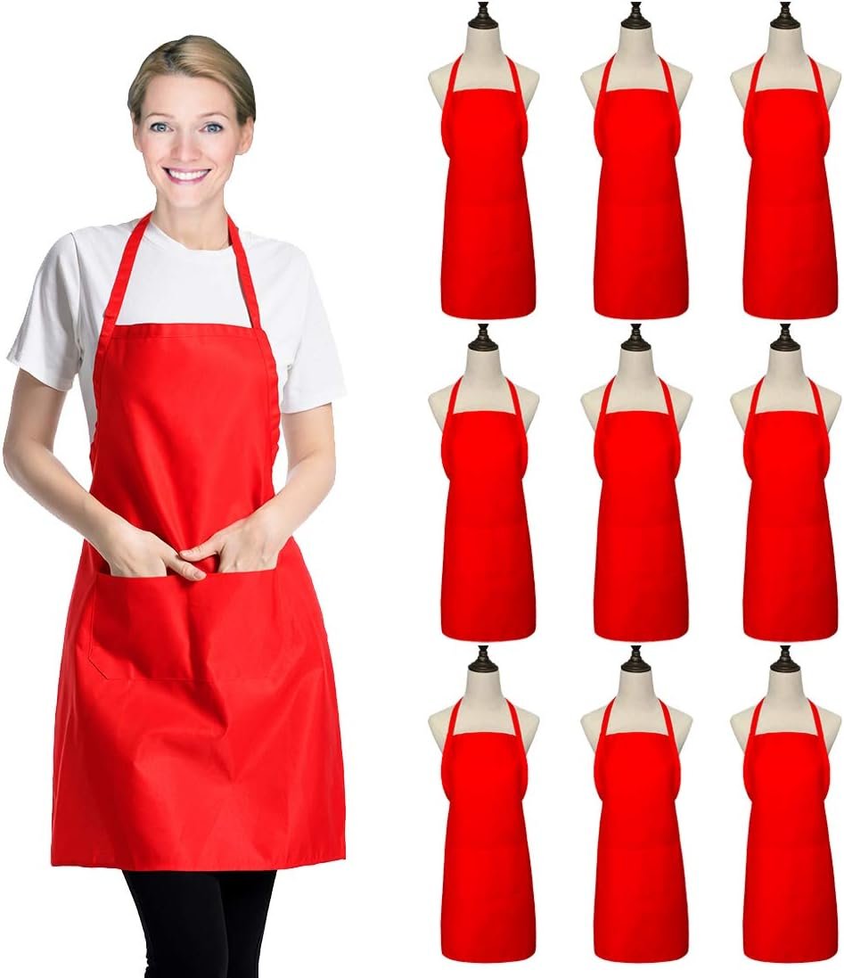 9 Pack Bib Christmas Red Apron for Women Girls Ladies with Pockets - Kitchen Aprons Bulk for Cooking Painting BBQ Grilling Baking (9 Pack, Red)