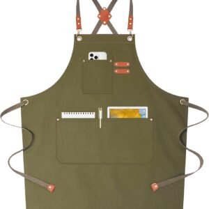 AFUN Chef Aprons for Women Men with Oversized Pockets, 12-Ounce Cotton Canvas Cross Back Water Repellent Apron (Grey Green)