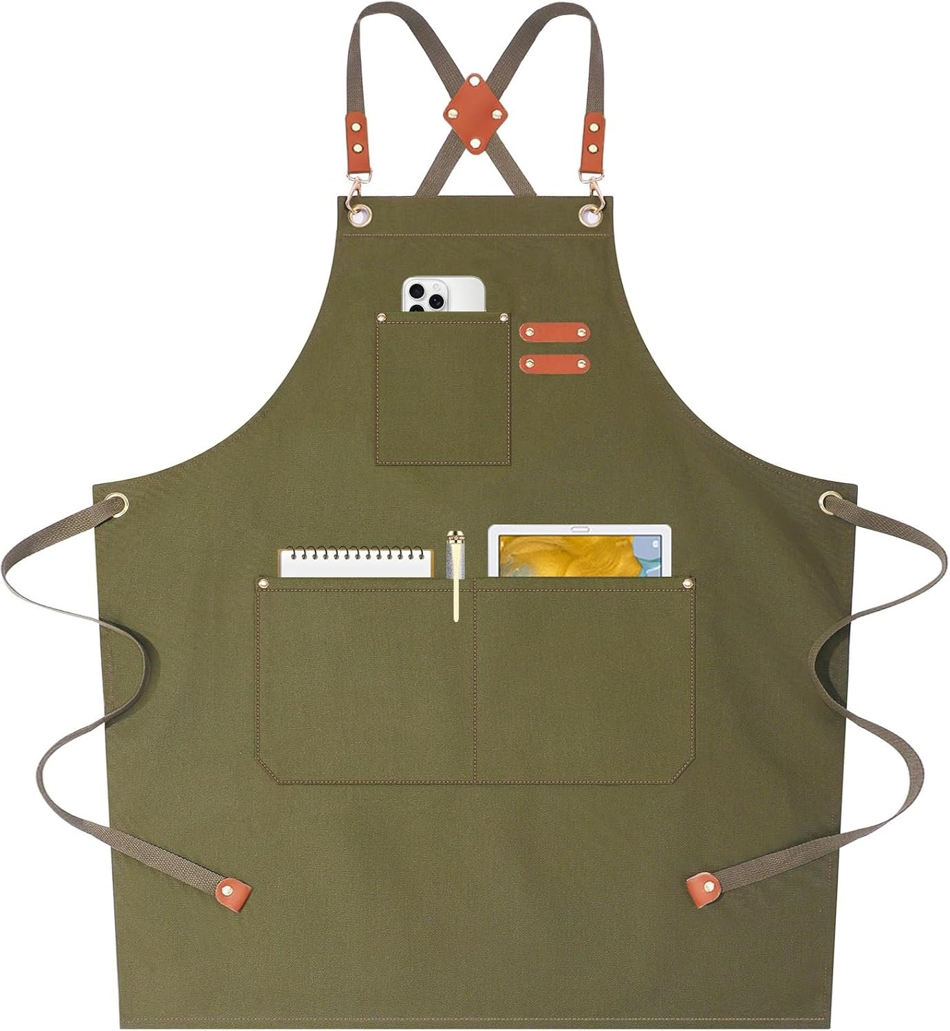 AFUN Chef Aprons for Women Men with Oversized Pockets, 12-Ounce Cotton Canvas Cross Back Water Repellent Apron (Grey Green)