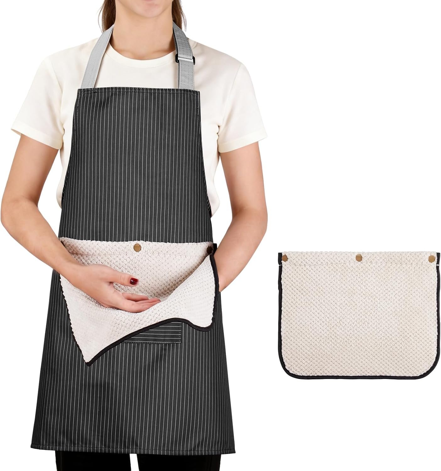 Aprons for Women With Pockets,Adjustable Kitchen Apron with 2 Interchangeable Towels,Waterproof Apron for Men Women Home Cooking(Black)