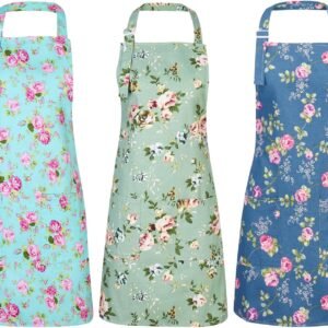 Auidy_6TXD 3 Pack Floral Aprons for Women, Adjustable Kitchen Aprons with 2 Pockets Vintage Cute Rose Floral Apron Chef Bakers Apron for Cooking Baking Gardening Apron Gift for Mom Wife Sister Grandma