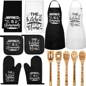 Bencailor 13 Pcs Kitchen Accessories Set, Dish Hand Towels Kitchen Apron Oven Mitts and Pot Holders Sets Rustic Vintage Wooden Spoons Black White Dishcloths for Home Decorations Gifts