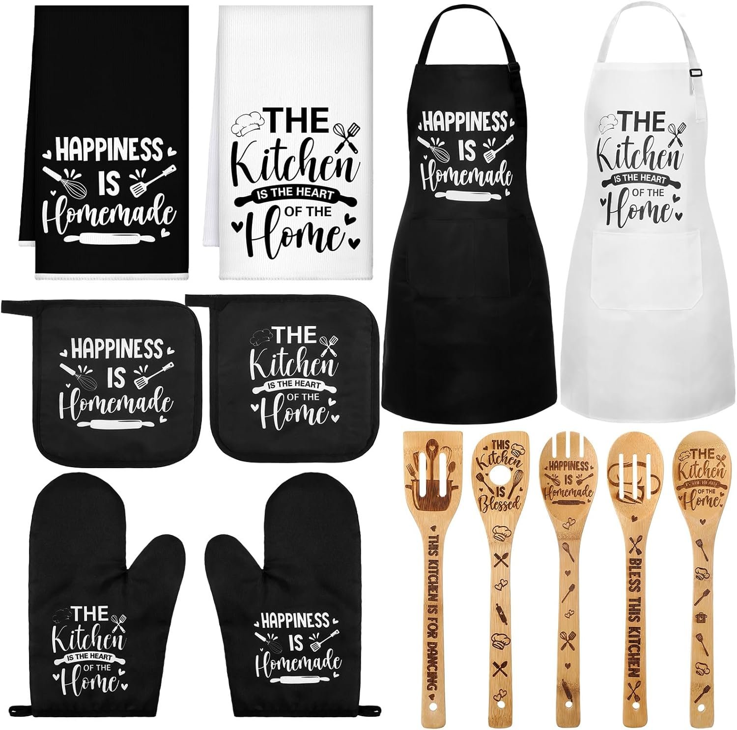 Bencailor 13 Pcs Kitchen Accessories Set, Dish Hand Towels Kitchen Apron Oven Mitts and Pot Holders Sets Rustic Vintage Wooden Spoons Black White Dishcloths for Home Decorations Gifts