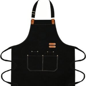 Black Apron for Men Women,Chef Apron with Adjustable Neck Strap,Water Repellent Apron for Cooking, Baking, Gardening