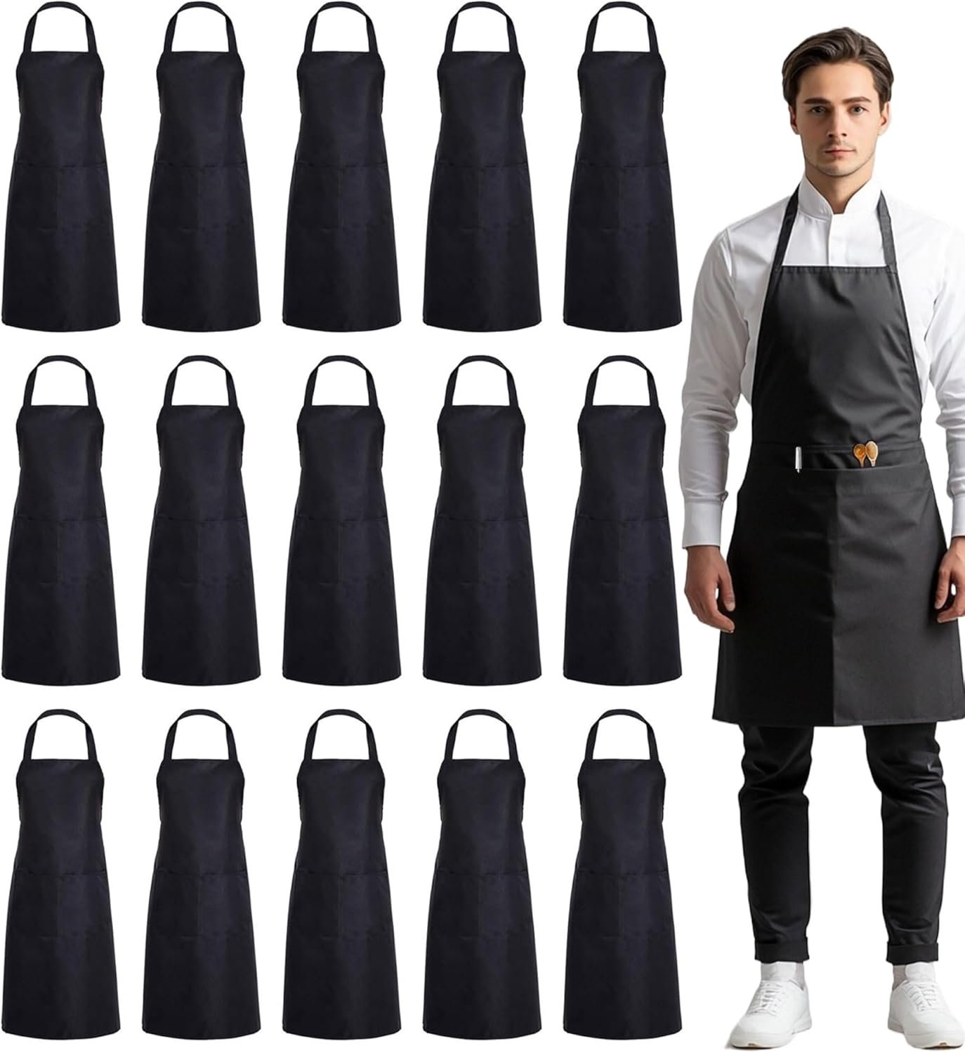 Blueash 16 Pack Bib Apron, Unisex Aprons Adjustable Waterdrop Resistant with 2 Pockets Cooking Kitchen Apron for Chef