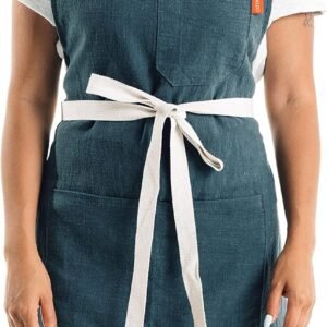 Caldo Linen Kitchen Apron - Mens and Womens Linen Bib Apron - Adjustable with Pockets (Spruce)