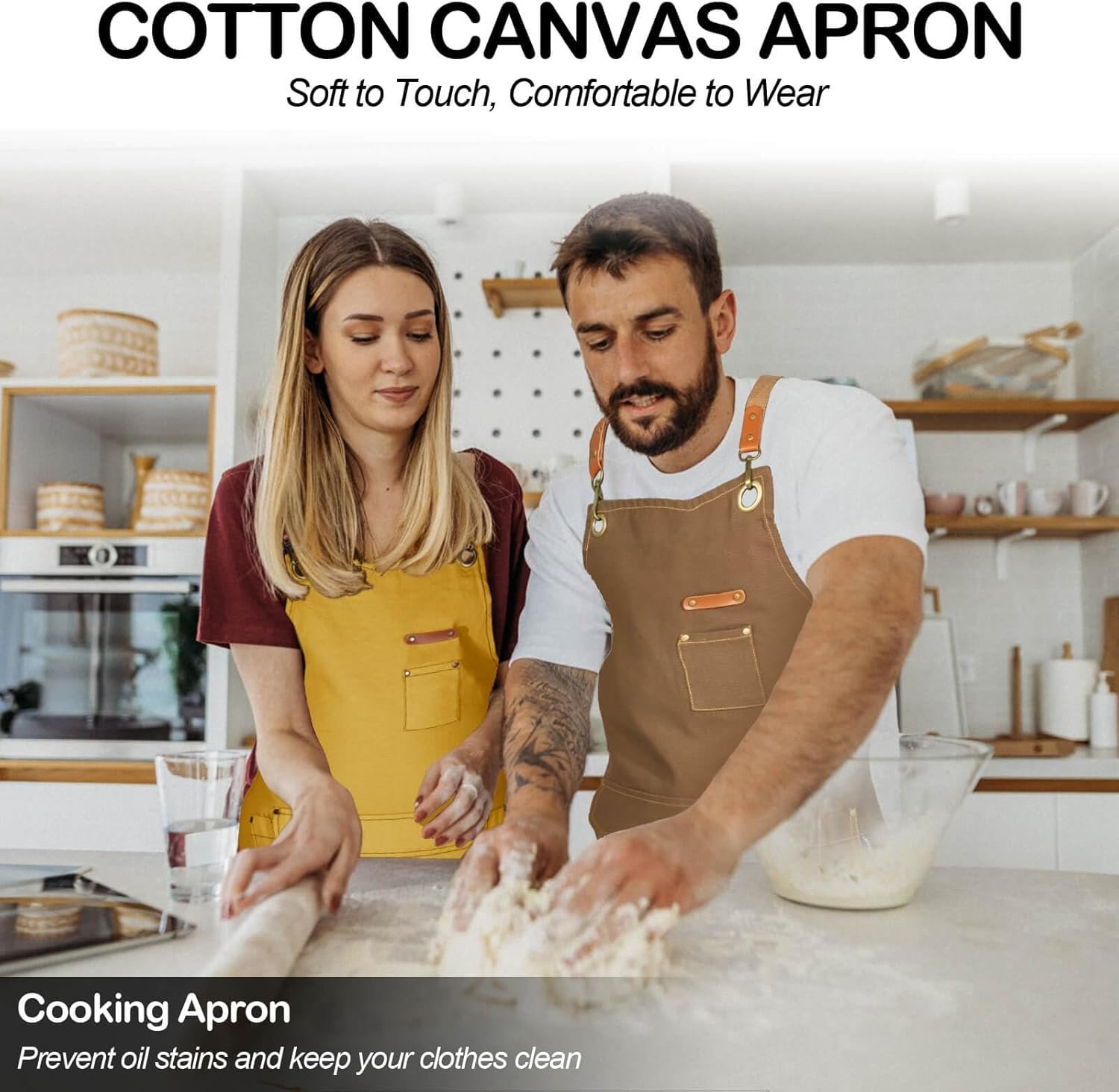Chef Apron for Men Women with Gift Box Pack, Cross Back Apron with Pockets for Kitchen Cooking Baking Artist Painting, Cotton Canvas Work Aprons for Shop, Garden, Restaurant, Cafe (Yellow, M to XXL) - Image 2