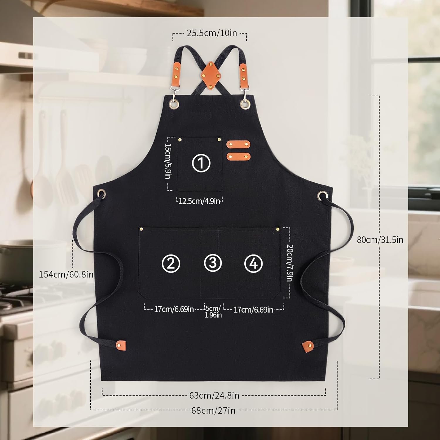 Chef Aprons for Men Women with Large Pockets, Cotton Canvas Water Repellent Kitchen Apron for Cooking - Image 2