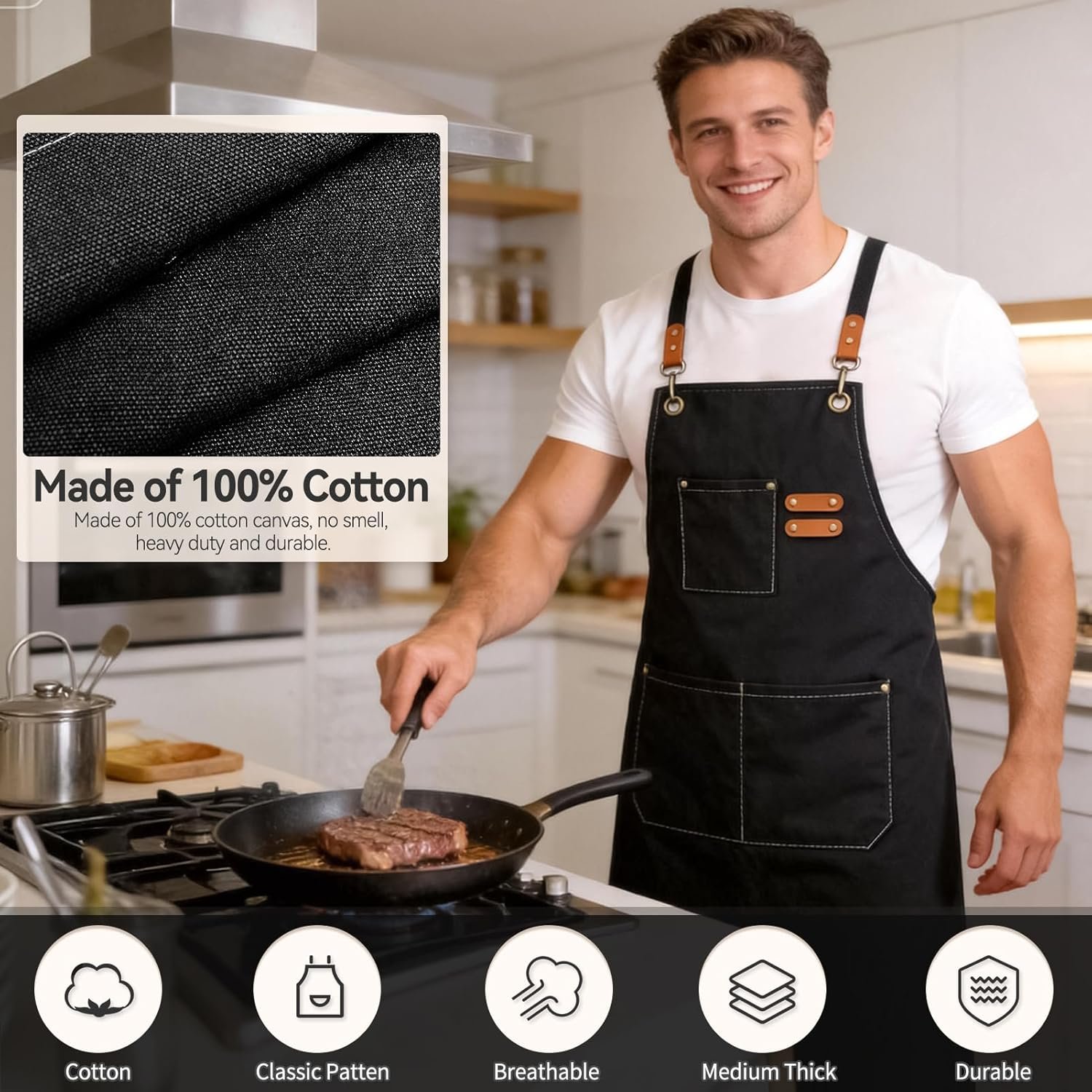 Chef Aprons for Men Women with Large Pockets Heavy Duty Cotton Canvas Cross Back Apron - Image 2