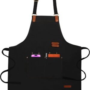Chef Aprons for Women Men with Pockets(Functional and Large), Oil-Repellent & Water-Resistant Heavy-Duty Black Canvas with Adjustable Straps, Full-Coverage Protection for Cooking, Kitchen