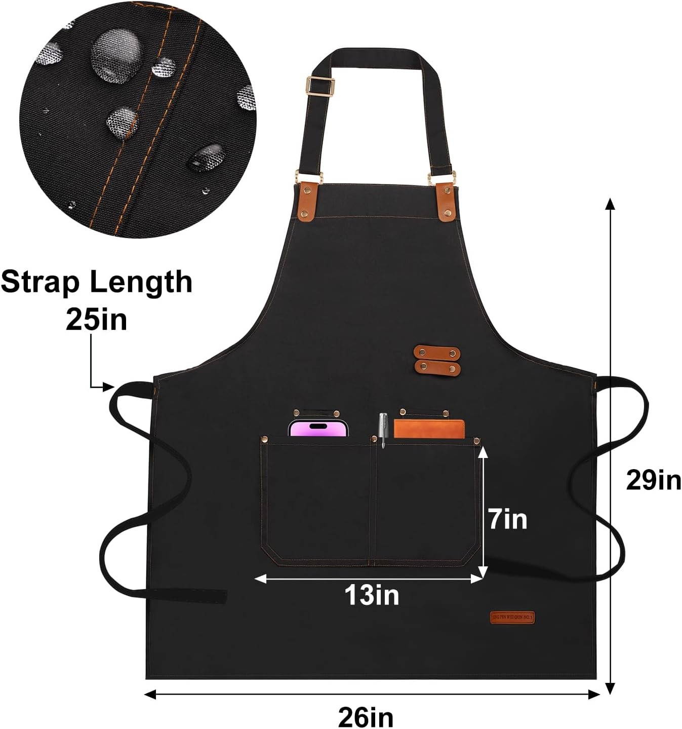 Chef Aprons for Women Men with Pockets(Functional and Large), Oil-Repellent & Water-Resistant Heavy-Duty Black Canvas with Adjustable Straps, Full-Coverage Protection for Cooking, Kitchen - Image 2