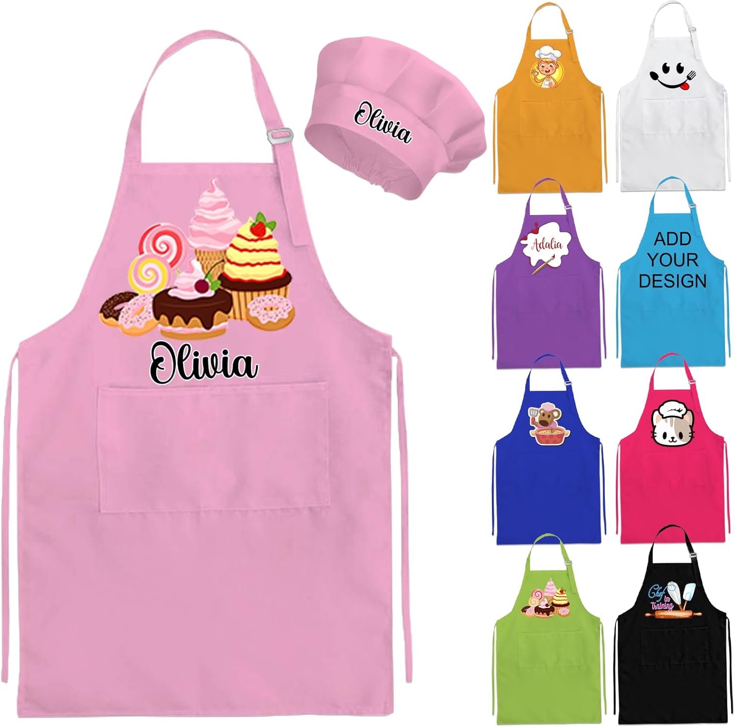 Custom Kids Apron and Chef Hat Personalized Kids Apron Name Cooking Baking Kitchen Painting Boys Girls Gift