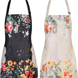 DILLMAN 2 Pack Floral Aprons with Pocket Blooming Womens Waterproof Adjustable Cooking Aprons Kitchen Gardening Salon