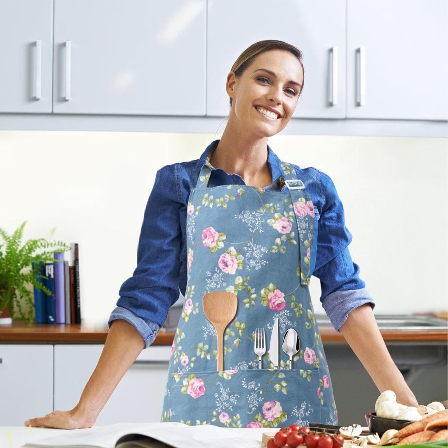 DILLMAN Aprons for Women with Pockets Cotton Linen Cooking Kitchen Baking Soft Durable Floral Gardening Apron - Image 2