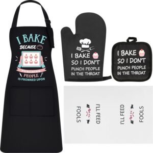 Defresit Funny Baking Apron Set for Women Men - Includes Baking Apron, Oven Mitts, Pot Holder, Kitchen Towel - Mothers Day Birthday Cooking Gifts for Baker, Mom, Wife | Thanksgiving, Christmas