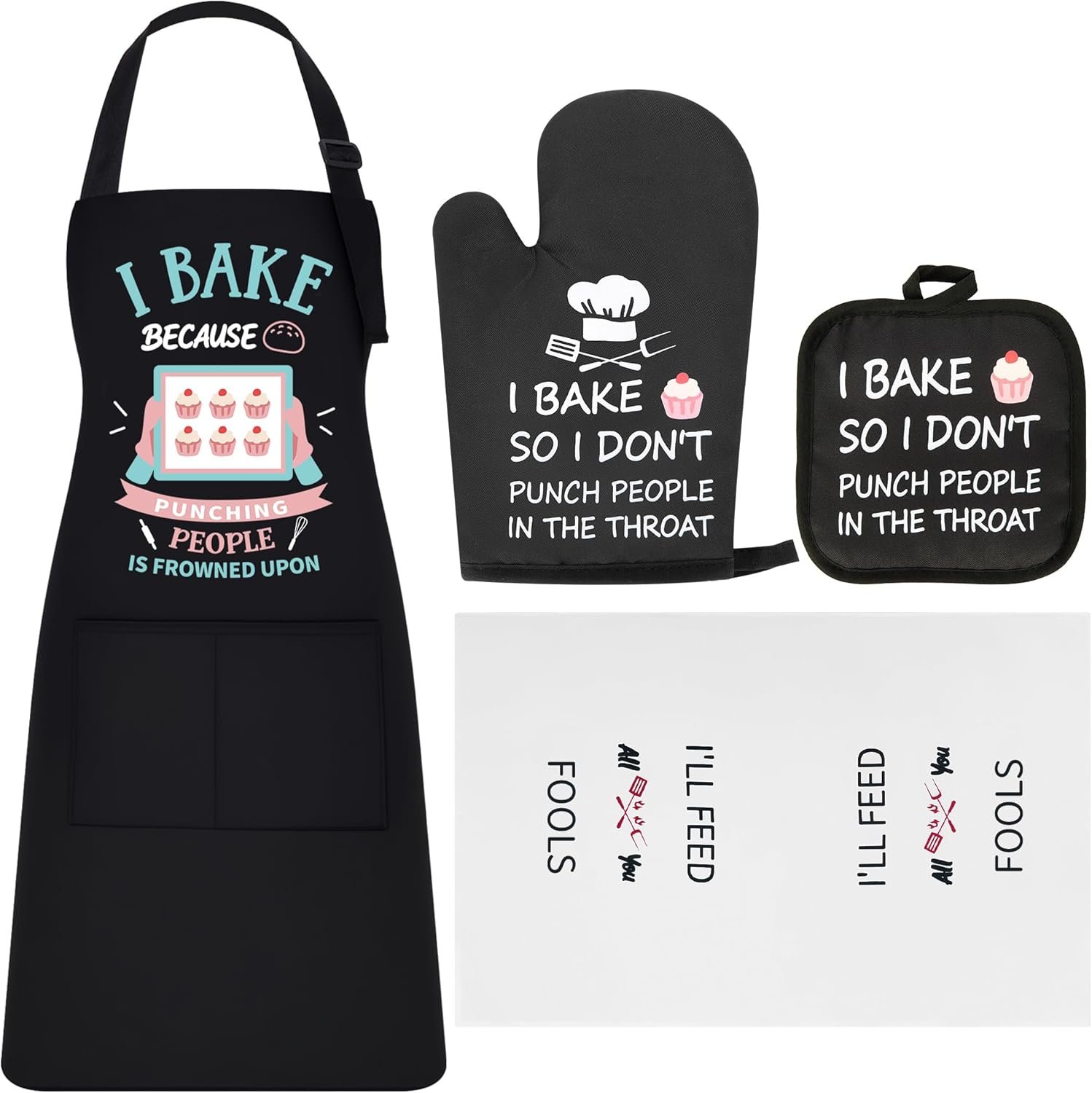 Defresit Funny Baking Apron Set for Women Men - Includes Baking Apron, Oven Mitts, Pot Holder, Kitchen Towel - Mothers Day Birthday Cooking Gifts for Baker, Mom, Wife | Thanksgiving, Christmas
