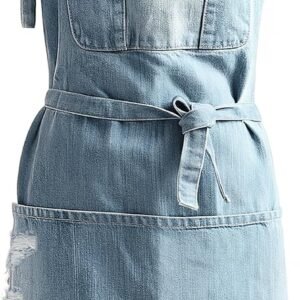 Denim Apron With 5 Pockets for Kitchens,Hairstylist Aprons for Women Men,Adjustable Bib Jean Apron for Arts Cafe Work
