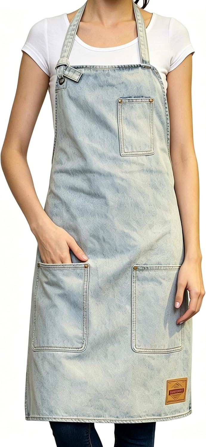 Denim Chef Apron for Women with Pockets, Jean Waitress Server Kitchen Apron for Men Cooking Gardening Painting