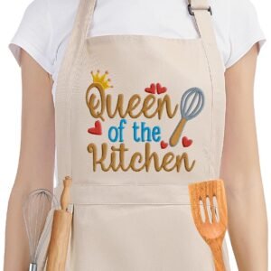 Fairy's Gift Funny Cooking Aprons for Women with Pockets, Embroidered Cute Baking Aprons - Queen of the Kitchen - Fun Mothers Day, Birthday, Cooking Gifts for Women Baker Mom Wife Girlfriend Chef