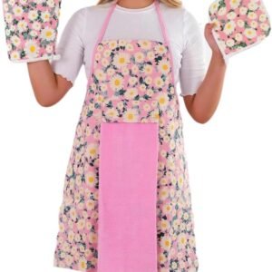 Floral Kitchen Apron and Oven Mitt Set-(4 pieces); Multicolor Waterproof Apron - Oven Mitt - Pot Holder - Hand Towel