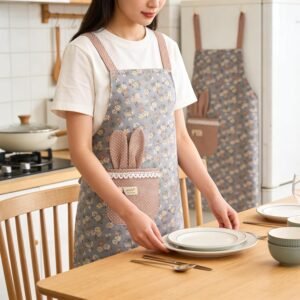 Floral Print Bib Pocket Apron for Women Stain Resistant with 3D Bunny Ear Pocket Durable Breathable