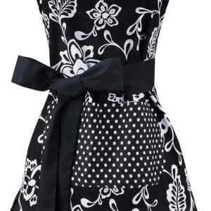 G2PLUS Vintage Floral Kitchen Apron for Women, Black Pleated Hem Cooking Apron with Pocket, Retro Cotton Apron for Kitchen and Home Use (29 x 21 inch)