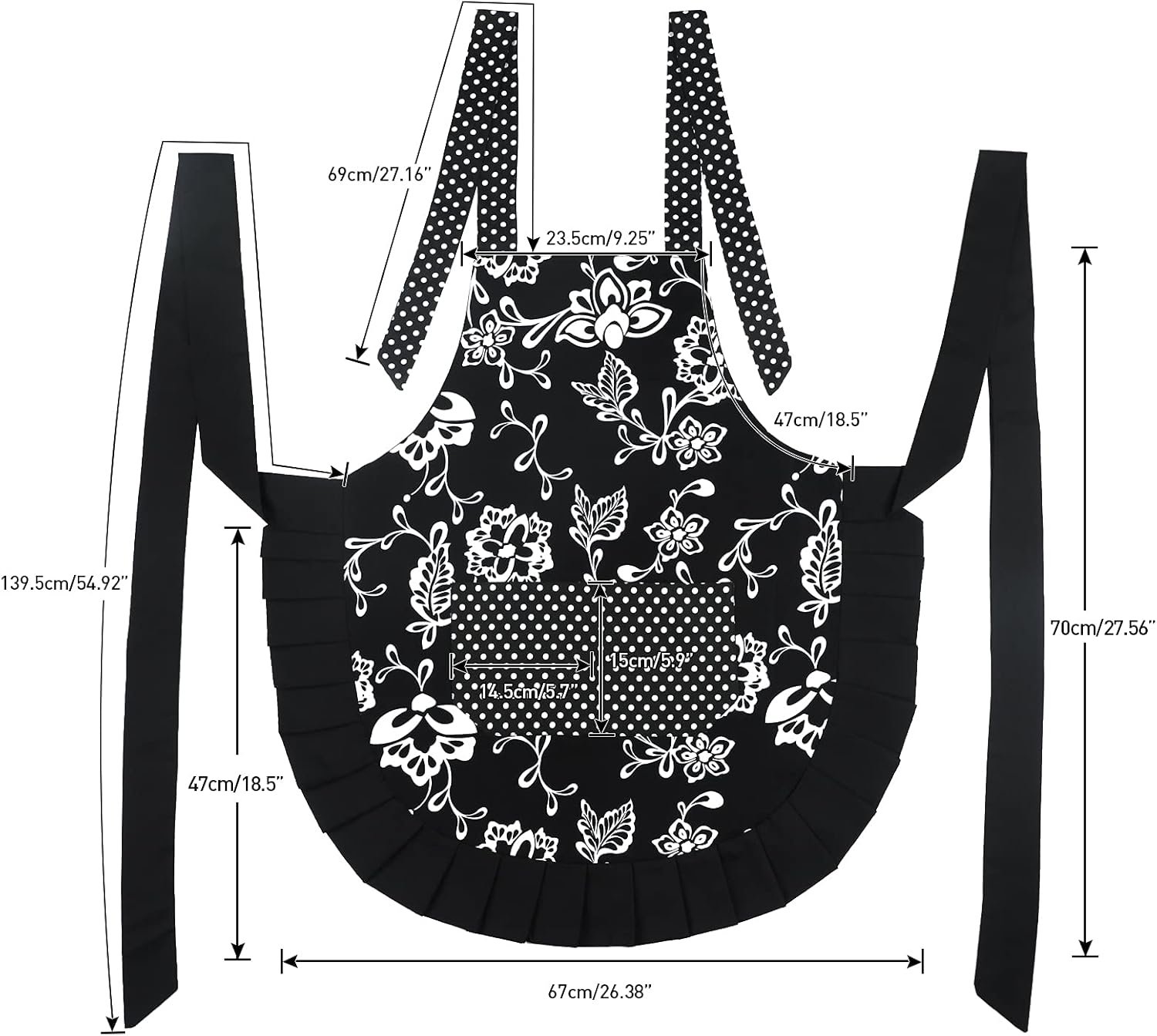 G2PLUS Vintage Floral Kitchen Apron for Women, Black Pleated Hem Cooking Apron with Pocket, Retro Cotton Apron for Kitchen and Home Use (29 x 21 inch) - Image 2