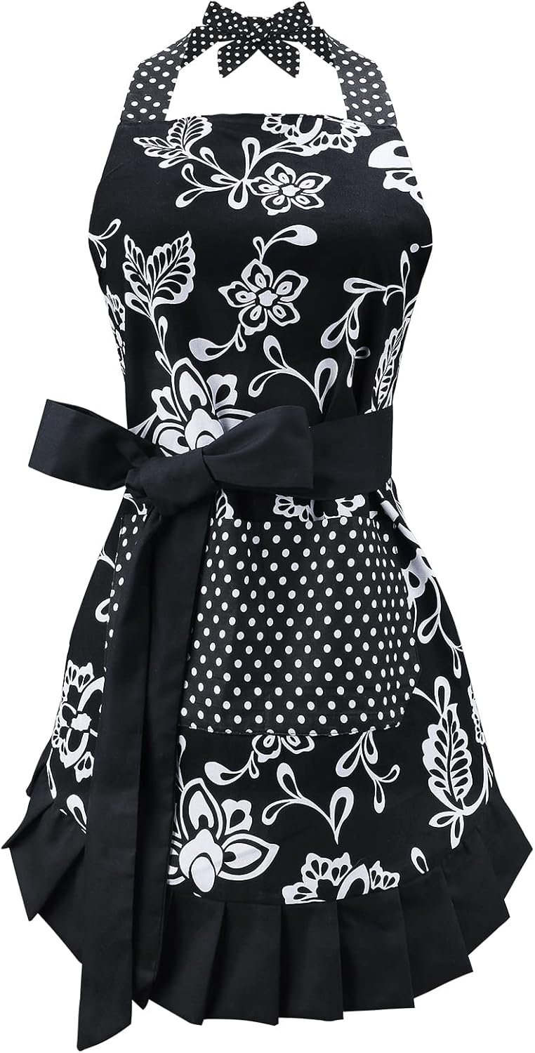 G2PLUS Vintage Floral Kitchen Apron for Women, Black Pleated Hem Cooking Apron with Pocket, Retro Cotton Apron for Kitchen and Home Use (29 x 21 inch)