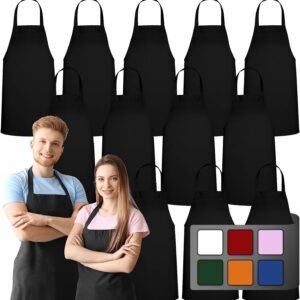 GREEN LIFESTYLE 12 Pack Bib Apron - Unisex Black Aprons, Machine Washable Aprons for Men and Women, Kitchen Cooking BBQ Bulk (Pack of 12, No Pockets, Black)