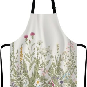 Herbs and Wild Flowers Bib Apron with Adjustable Neck for Men Women,Suitable for Home Kitchen Cooking Waitress Chef Grill Bistro Baking BBQ Cobbler Apron
