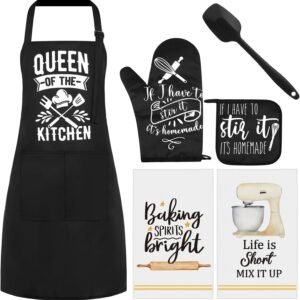 Hoolerry 6 Pcs Kitchen Apron Dish Towels Oven Mitts and Pot Holders Sets with Silicone Spatula for Baking Cooking Lover Engagement Women Men Housewarming Gifts (Black)