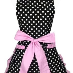 Hyzrz Cute Apron Retro Black Polka Dot Retro Ruffle Side Vintage Cooking Aprons with Pockets for Women Girls (Side Pink)