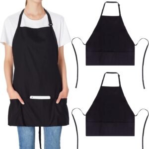 Jubatus 2 Pack 3 Pockets 100% Cotton Adjustable Bib Apron Chef Kitchen Cooking Aprons for Women Men, Black