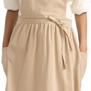 KITCHIEF Cotton Linen Pinafore Dress Cute Apron for Women with Pockets Art Vintage Aprons for Kitchen Baking Gardening