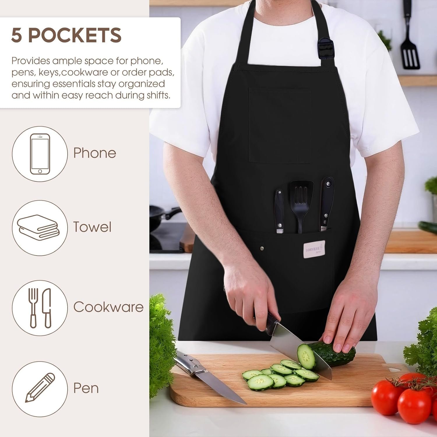 Kitchen Apron, Chef Aprons for Men Women with 5 Pockets, Adjustable Bib Barista BBQ Work Apron for Cooking - Image 2