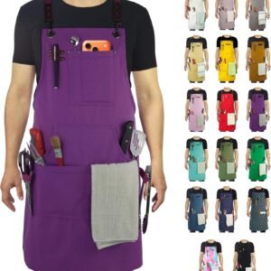Kitchen Apron, Work Apron, Canvas, Multiple Pockets, Gardening, Painting, BBQ, Artist, Carpenter, Sizes M to XXL, Purple