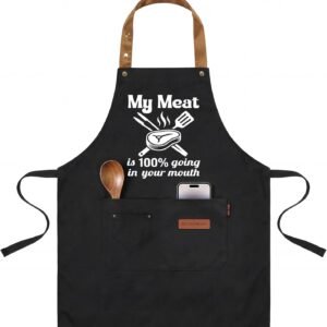 My Meat is 100% Going in Your Mouth Sign Apron with Pockets, Funny Cooking Baking Barbecue Apron Adjustable, Oilproof Ideal Kitchen Supplies, Gifts for Boyfriend Husband Wife