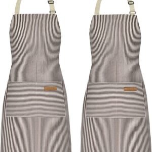 NLUS 2 Pack Cooking Aprons for Women with Pockets, Adjustable Kitchen Bib Aprons Chef Aprons for Women Men(Brown Pinstripes)